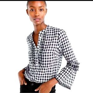 J. Crew Bell Sleeve Embroidered Gingham Plaid Shirt Black White Ruffle Size 0P